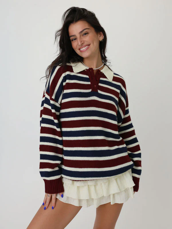 Lapel Neck Stripes Knitted Pullover Sweater - Image 2