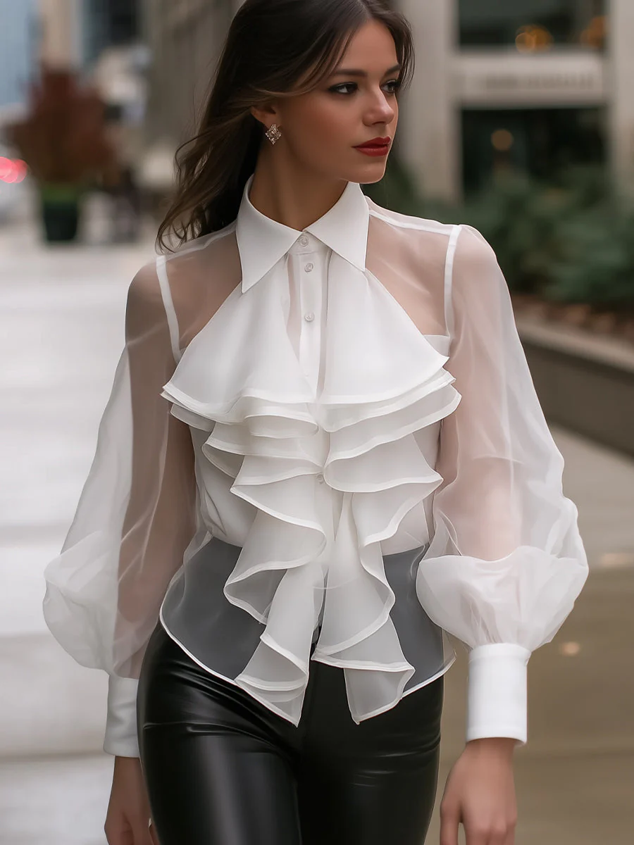 Layered Ruffle Sheer-Sleeve Blouse - Image 2