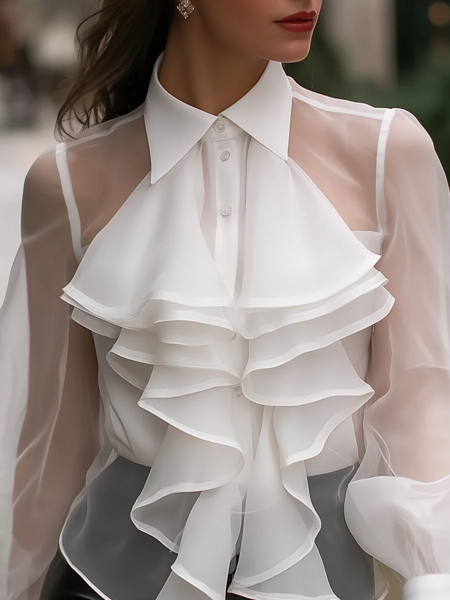 Layered Ruffle Sheer-Sleeve Blouse - Image 3