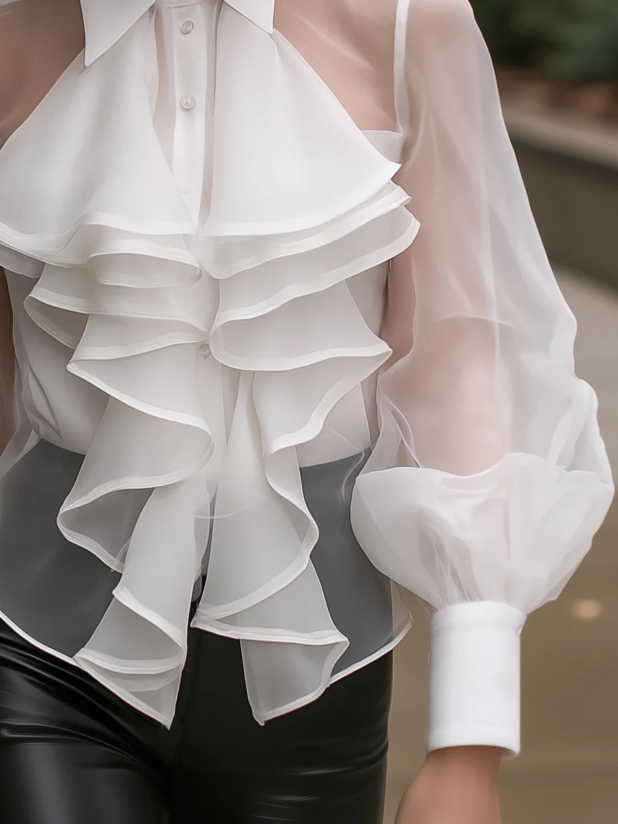 Layered Ruffle Sheer-Sleeve Blouse - Image 4