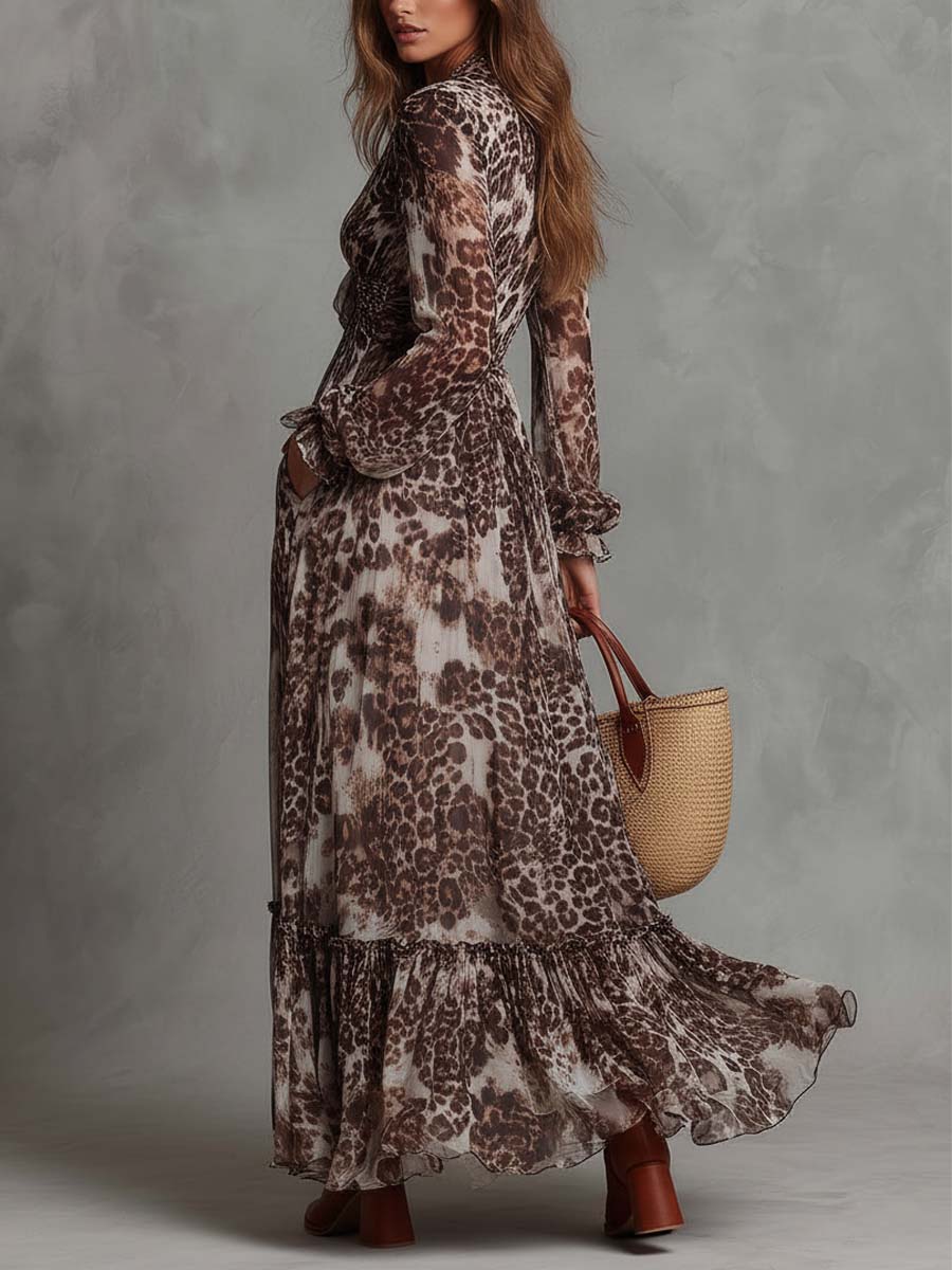 Leopard Chiffon Long-Sleeve Tie-Front Maxi Dress - Image 2
