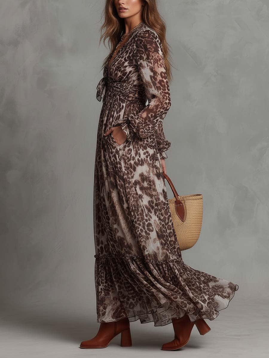 Leopard Chiffon Long-Sleeve Tie-Front Maxi Dress - Image 3