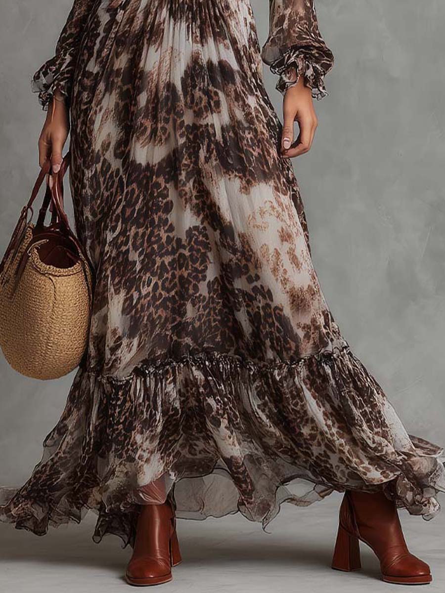 Leopard Chiffon Long-Sleeve Tie-Front Maxi Dress - Image 5