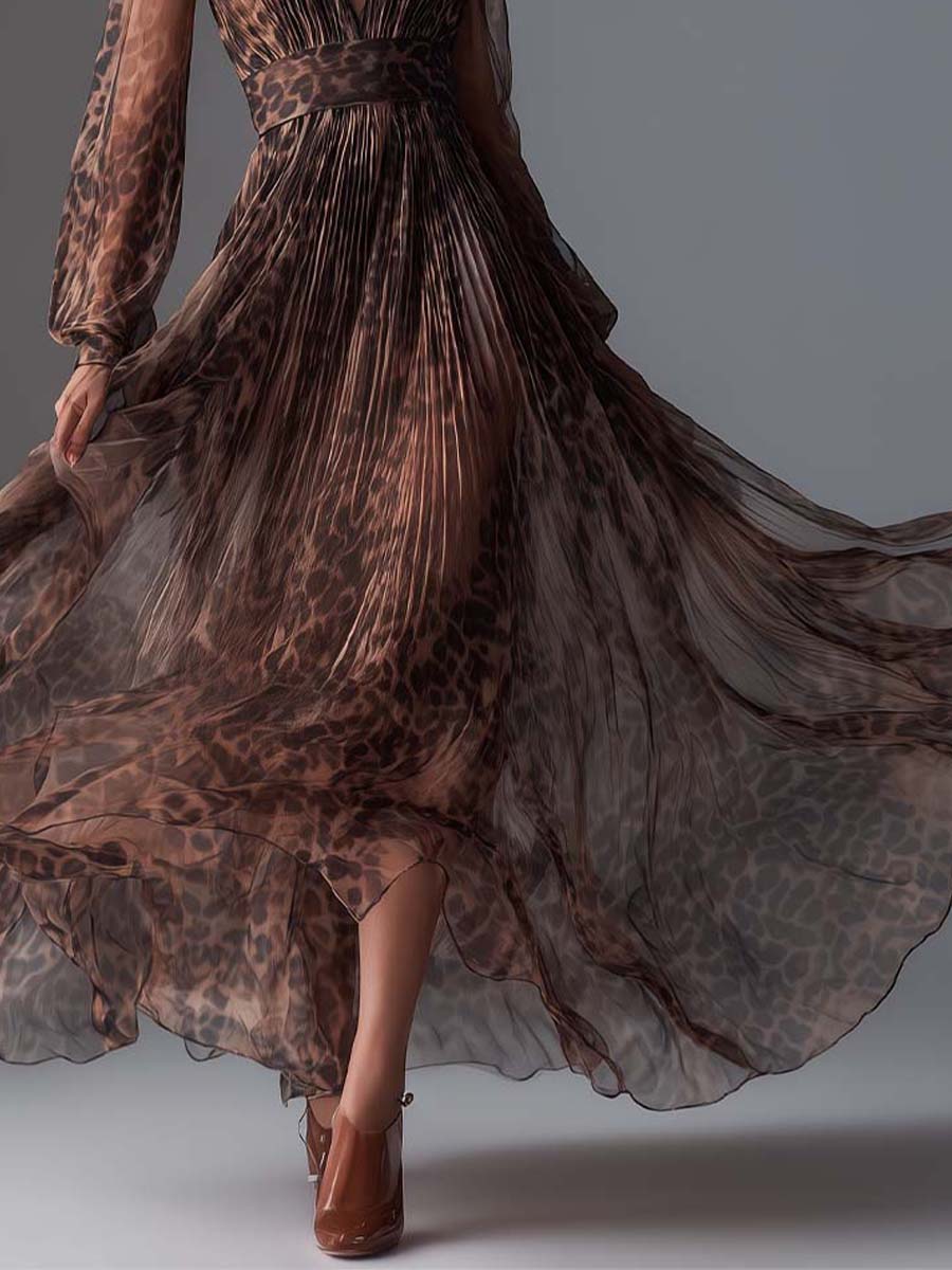 Leopard Chiffon Pleated Maxi Dress - Image 3