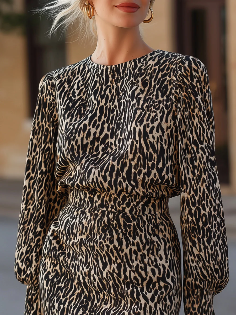 Leopard Print Long-Sleeve Tailored Mini Dress - Image 3