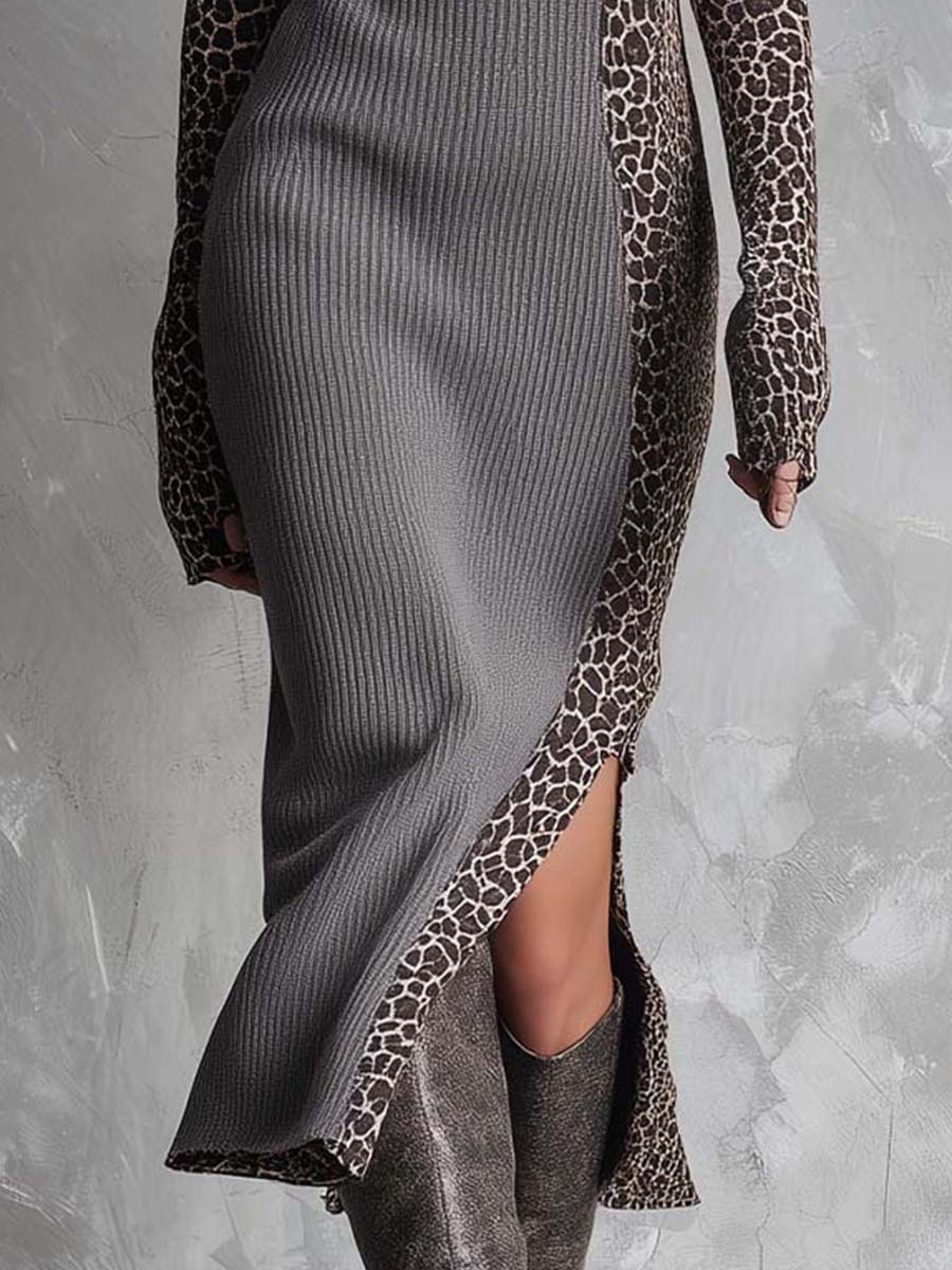 Leopard Print Patchwork Ribbed Knit Midi Dress - Image 3