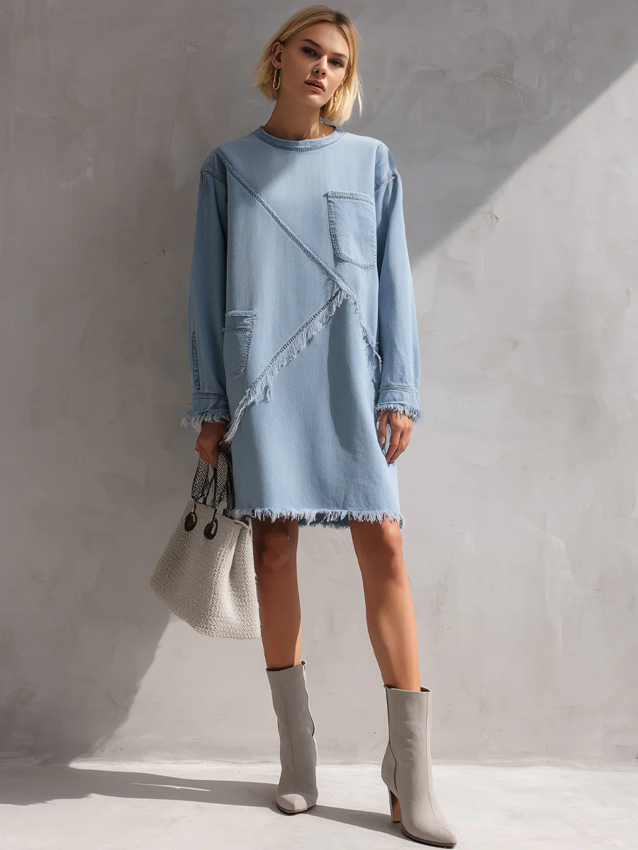 Light Blue Raw-Edge Denim Mini Dress - Image 2