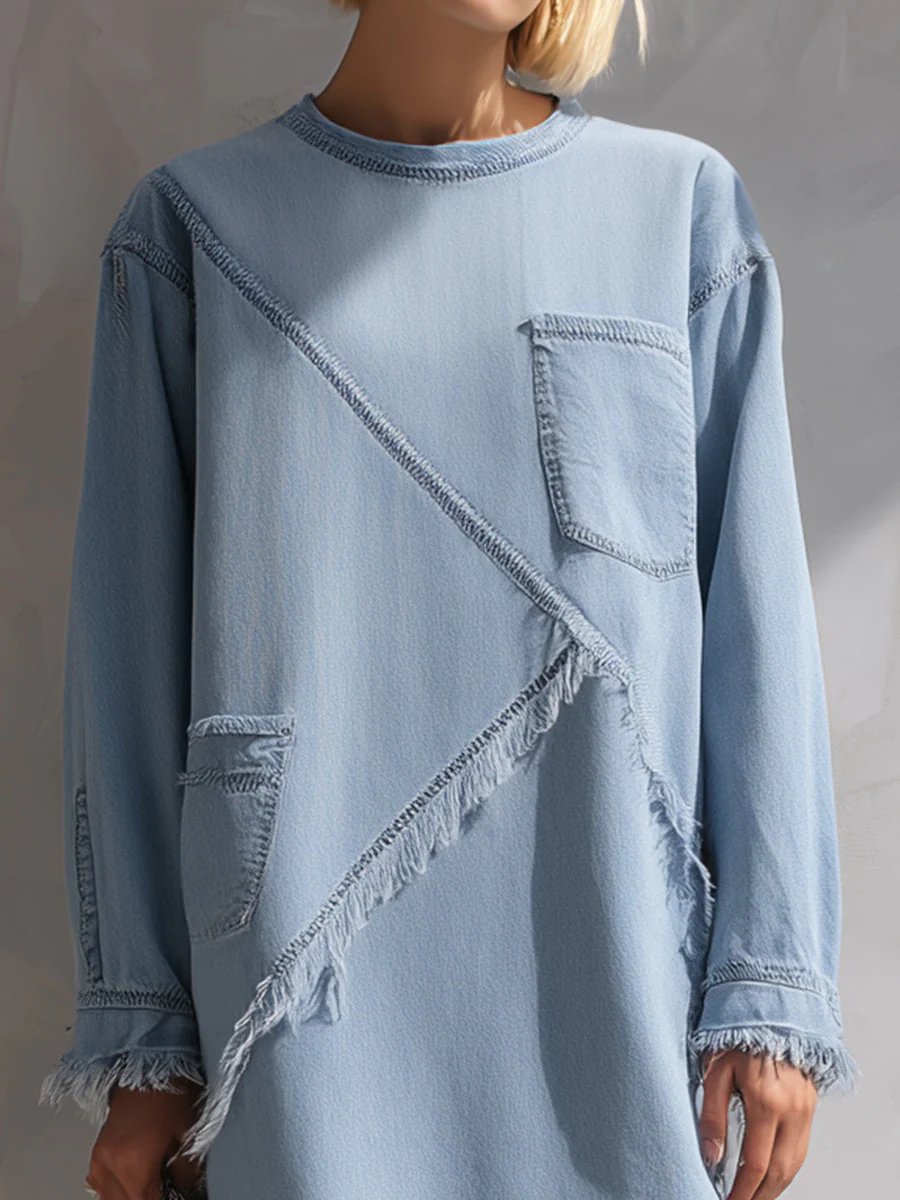 Light Blue Raw-Edge Denim Mini Dress - Image 3