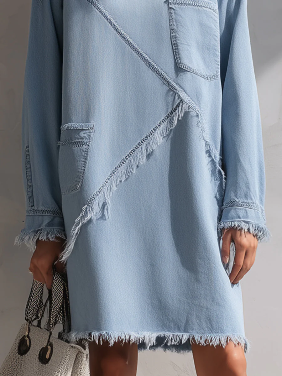 Light Blue Raw-Edge Denim Mini Dress - Image 4