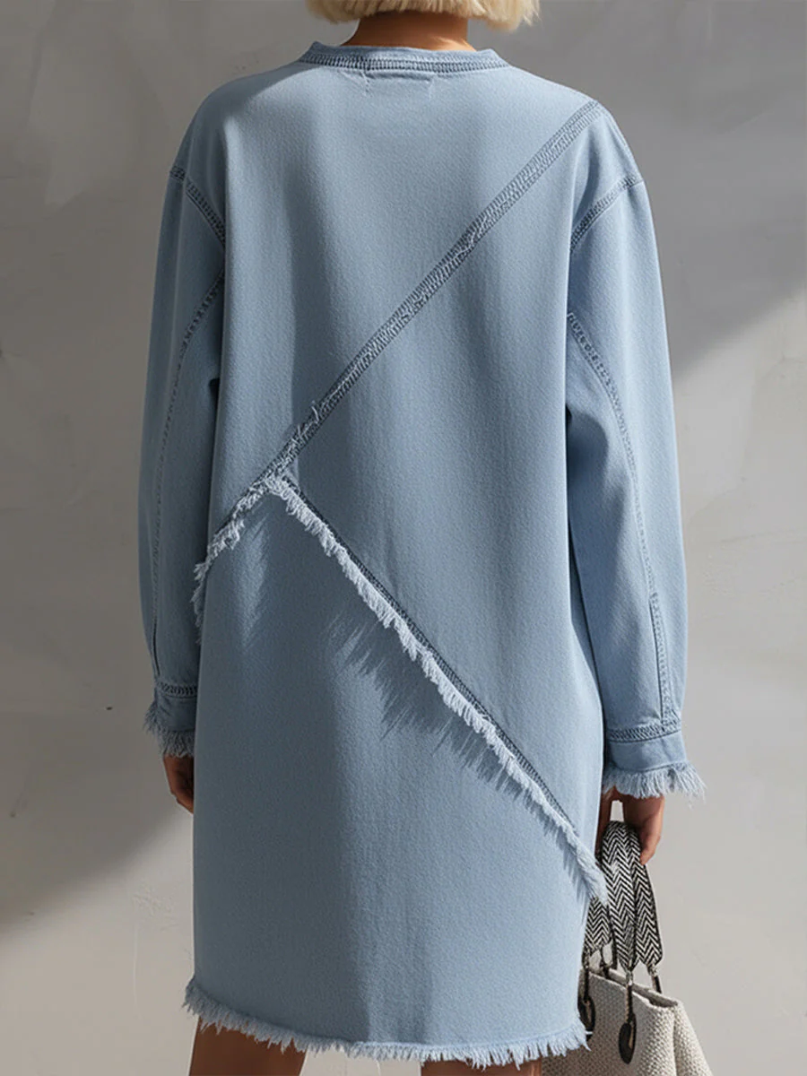 Light Blue Raw-Edge Denim Mini Dress - Image 5