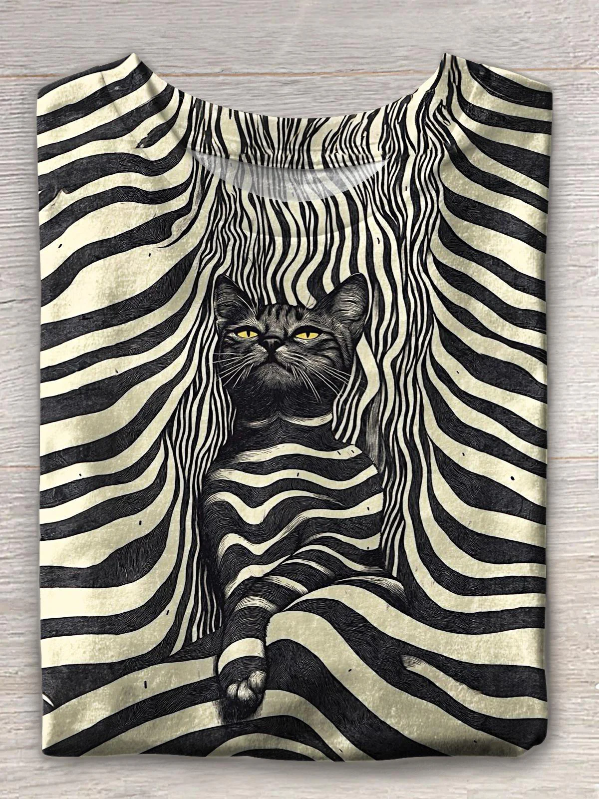 Line Zebra Cat Print Crew Neck T-shirt