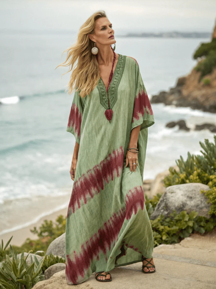 Linen Printed Kaftan Maxi Dress