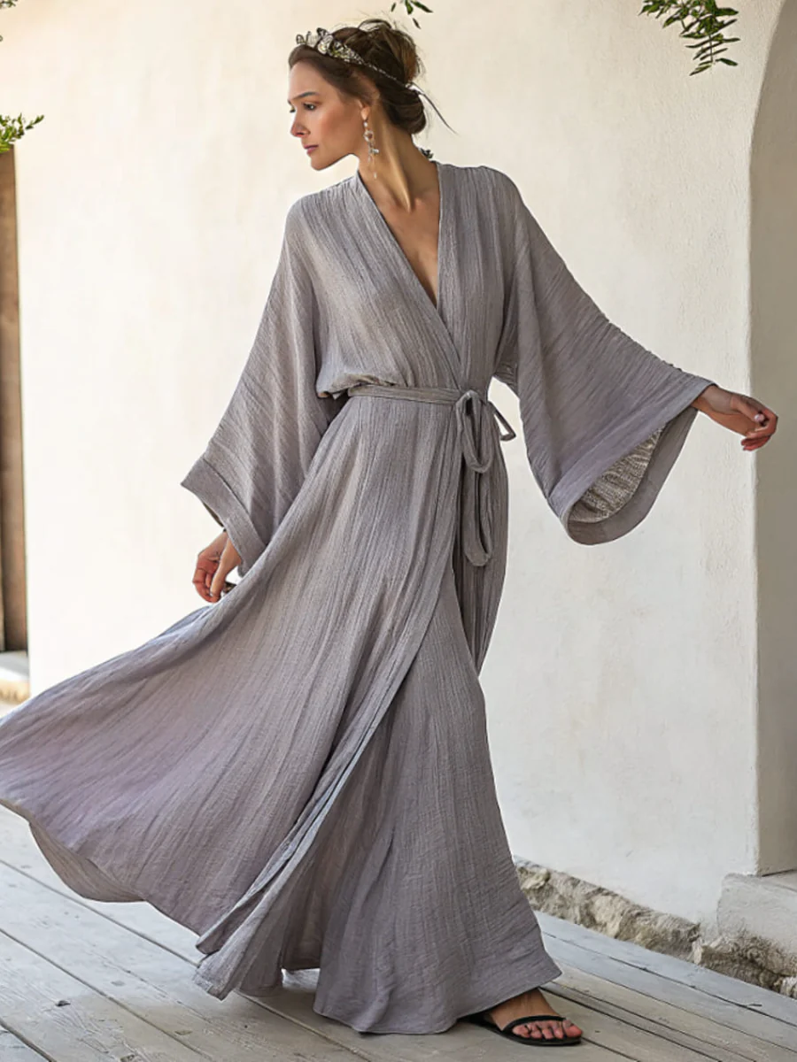 Linen V-neck Casual Kimono Robe (with belt)
