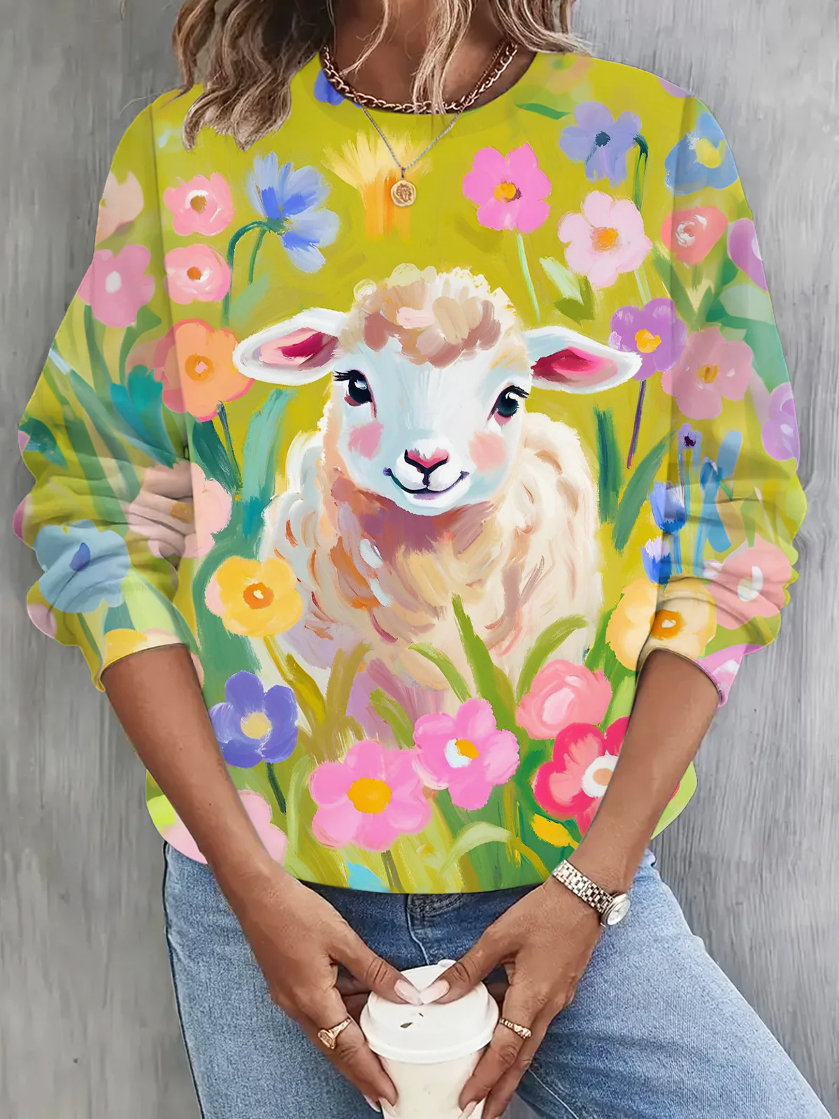 Little White Lamb Watercolor Cross Long Sleeve Casual Top