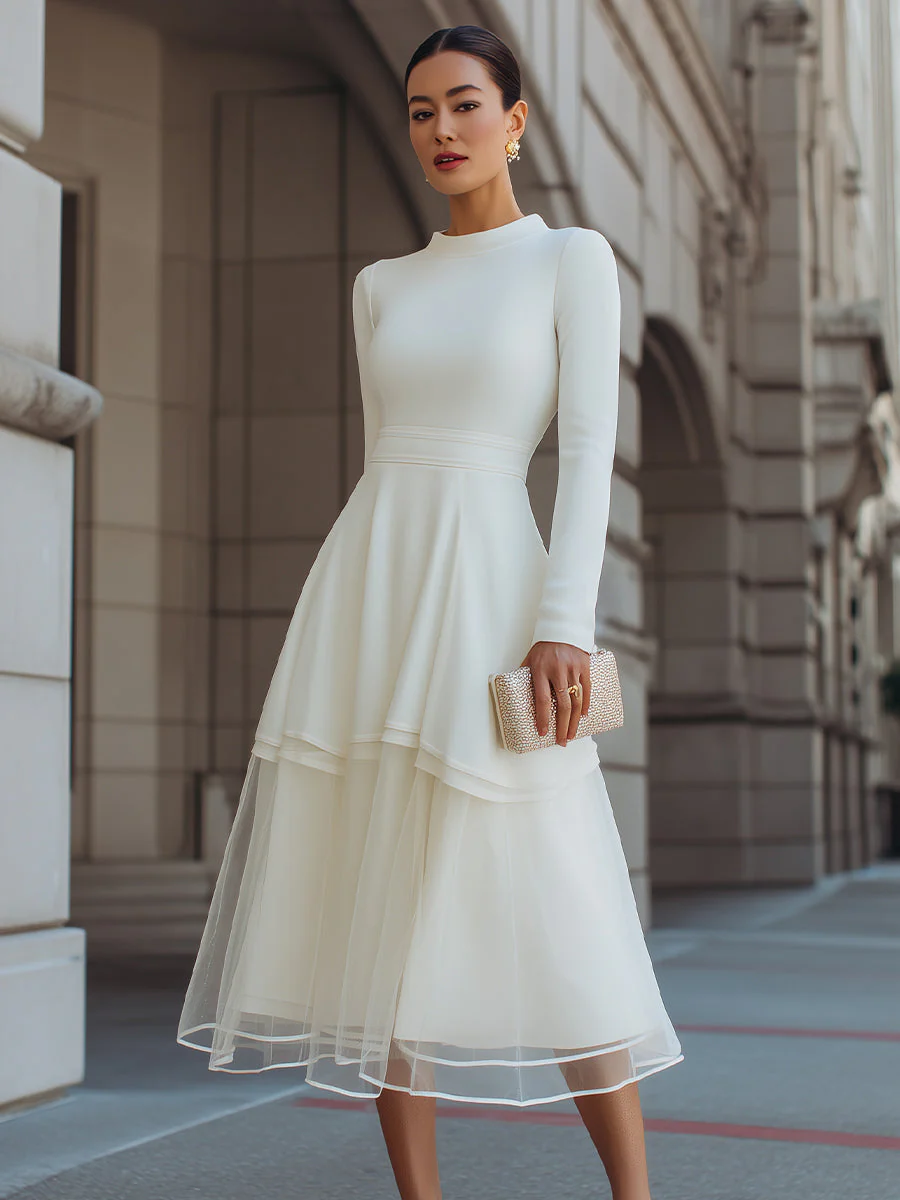 Long Sleeve Layered Midi Dress With Defined Waist - Image 2