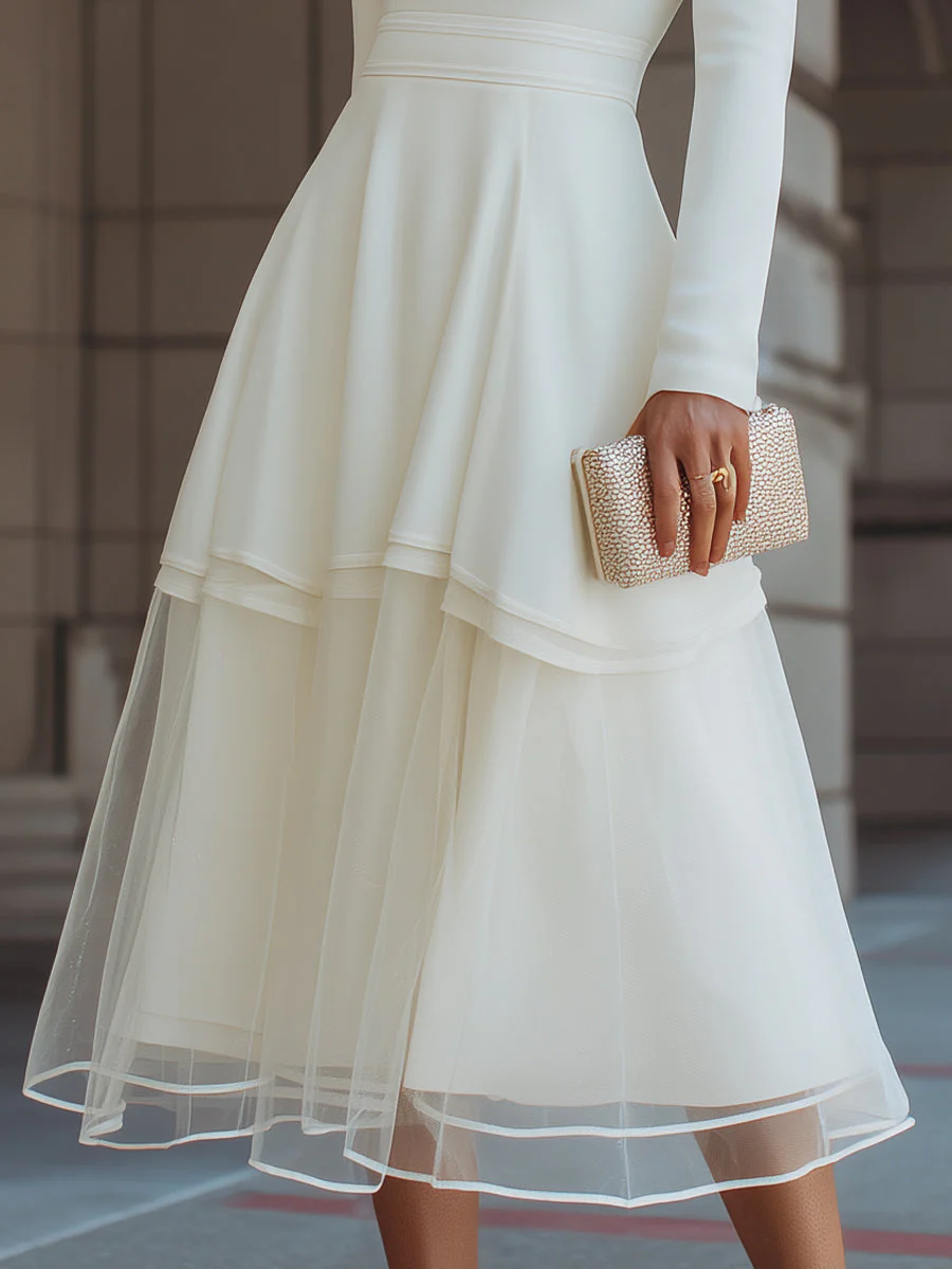 Long Sleeve Layered Midi Dress With Defined Waist - Image 4