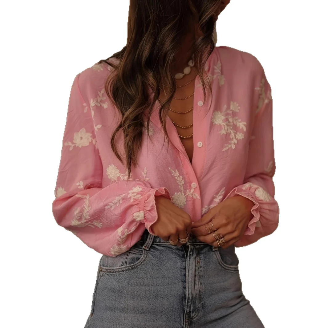 Long Sleeve Printed Top Lapel Lantern Sleeve Shirt - Image 2