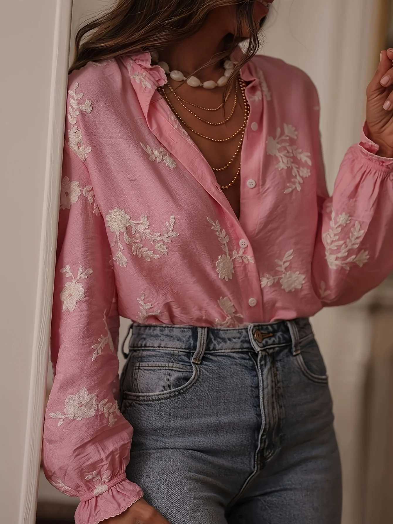 Long Sleeve Printed Top Lapel Lantern Sleeve Shirt - Image 3