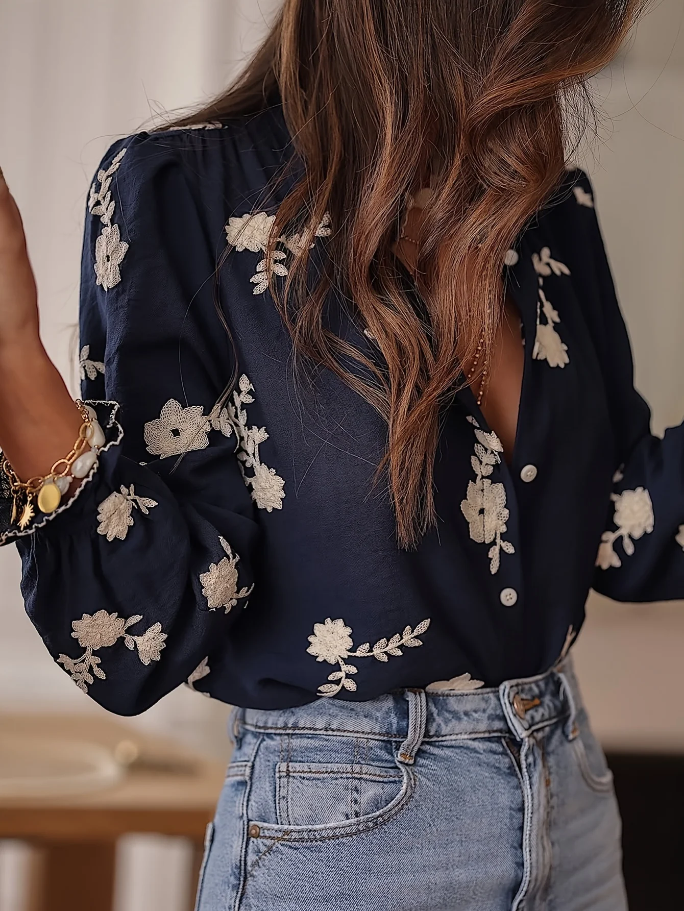 Long Sleeve Printed Top Lapel Lantern Sleeve Shirt - Image 4