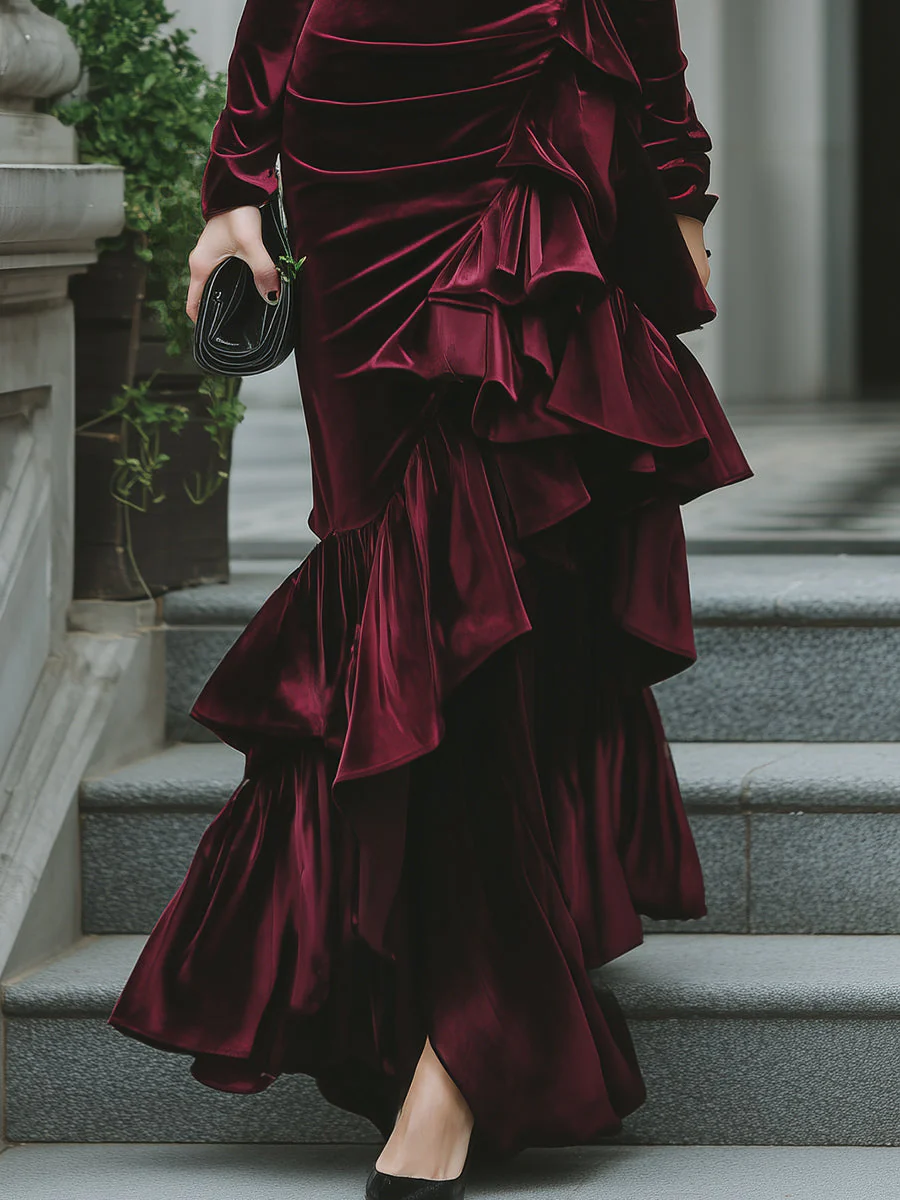 Long Sleeve Ruffled Tier Evening Gown - Image 4