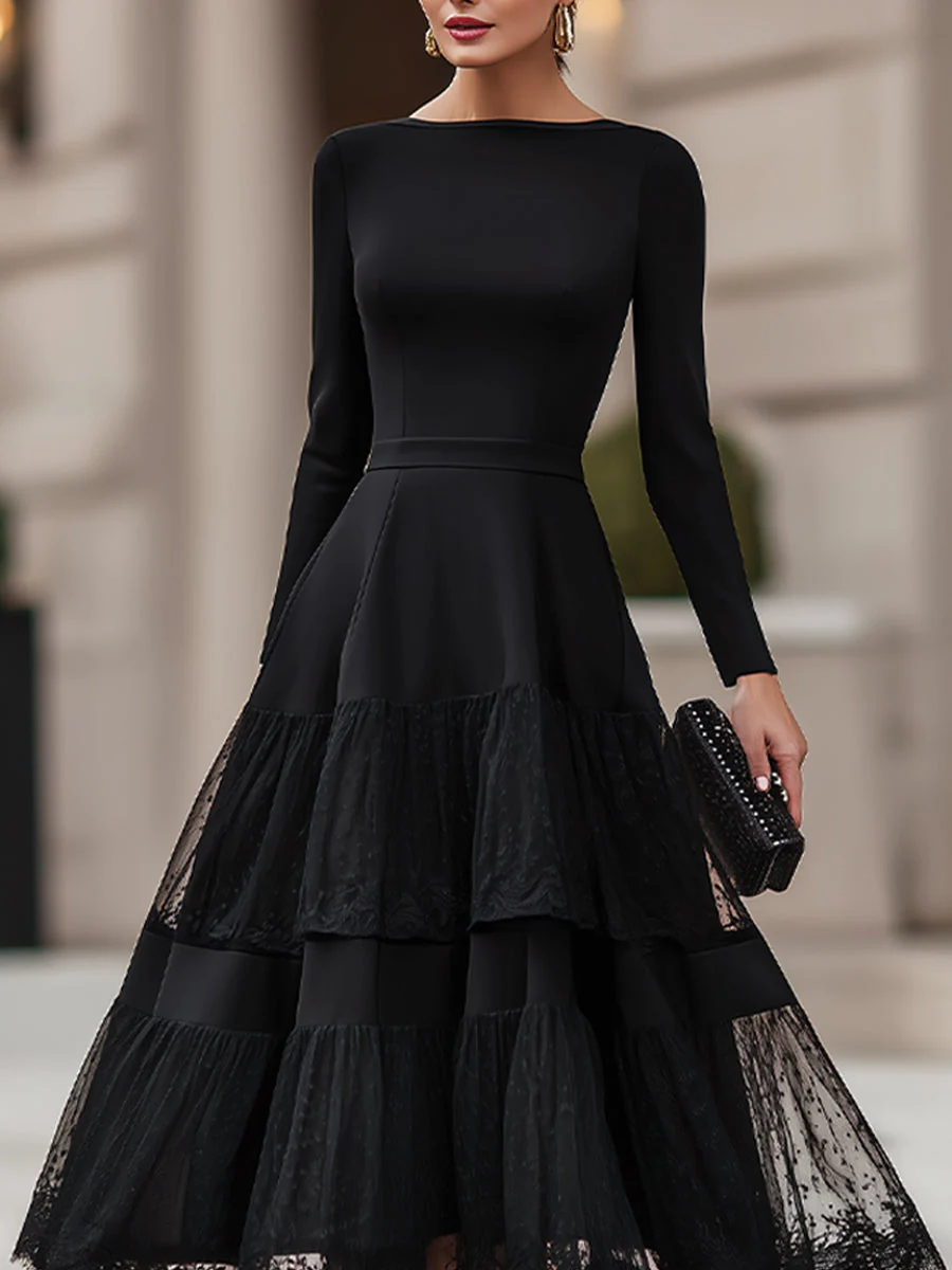 Long Sleeve Tiered Lace Hem Midi Dress - Image 3