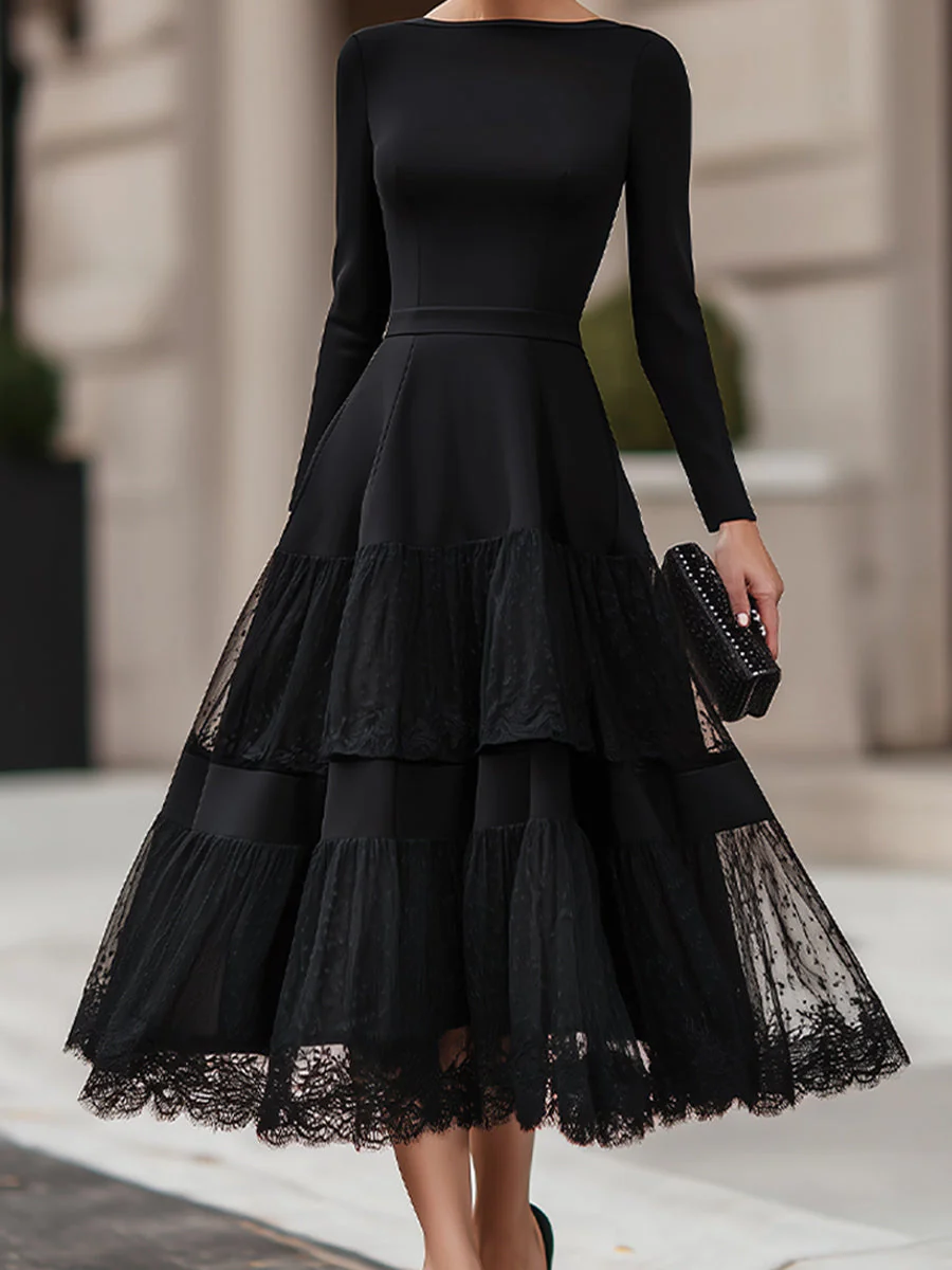 Long Sleeve Tiered Lace Hem Midi Dress - Image 4
