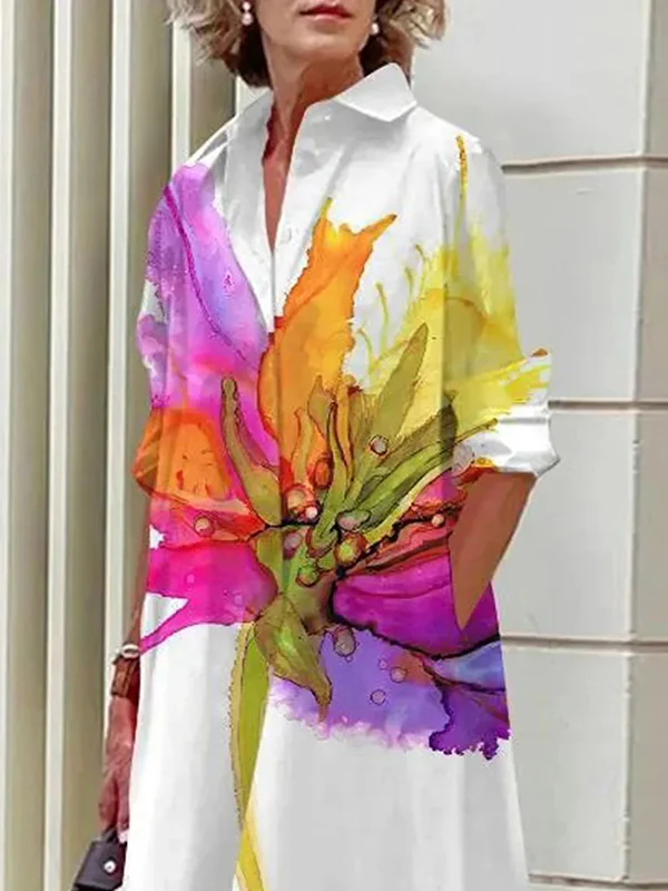 Long Sleeves Loose Floral Printed Split-Joint Lapel Midi Dresses Shirt Dress - Image 2