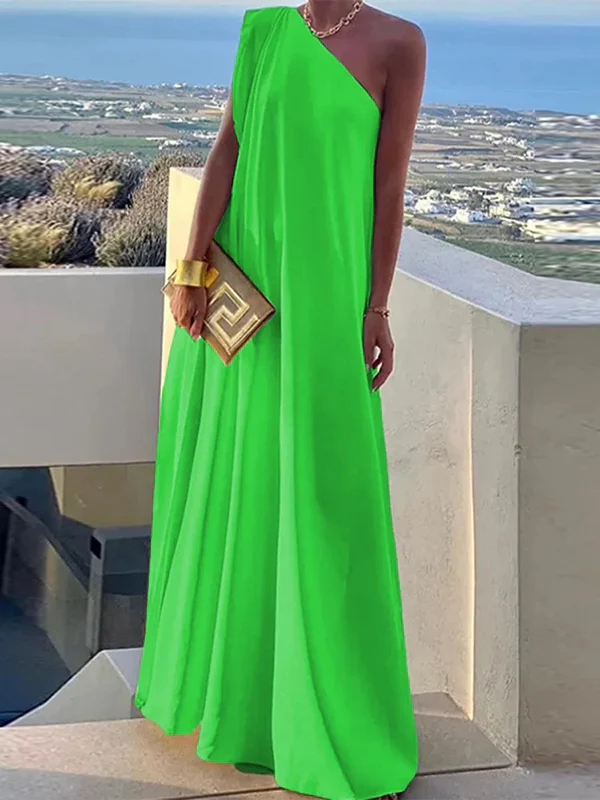 Loose Asymmetric Solid Color Split-Joint One-Shoulder Maxi Dresses - Image 2