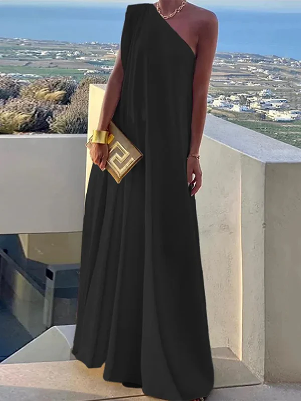 Loose Asymmetric Solid Color Split-Joint One-Shoulder Maxi Dresses - Image 3