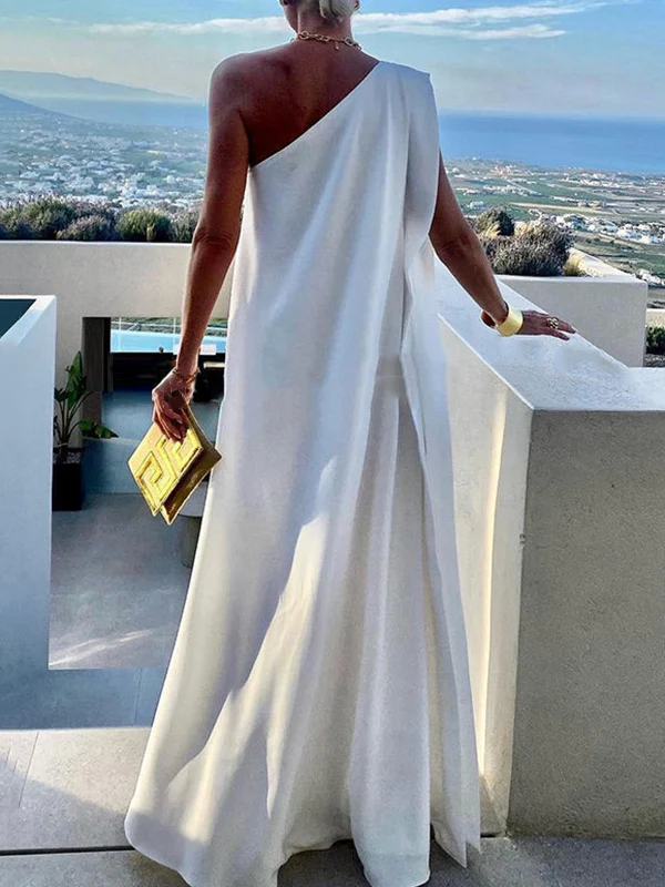 Loose Asymmetric Solid Color Split-Joint One-Shoulder Maxi Dresses - Image 4