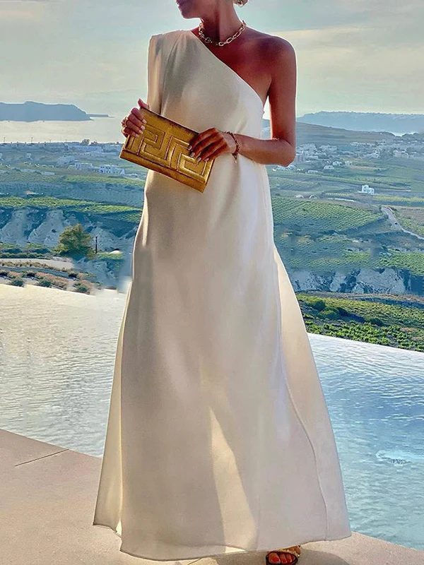 Loose Asymmetric Solid Color Split-Joint One-Shoulder Maxi Dresses - Image 5