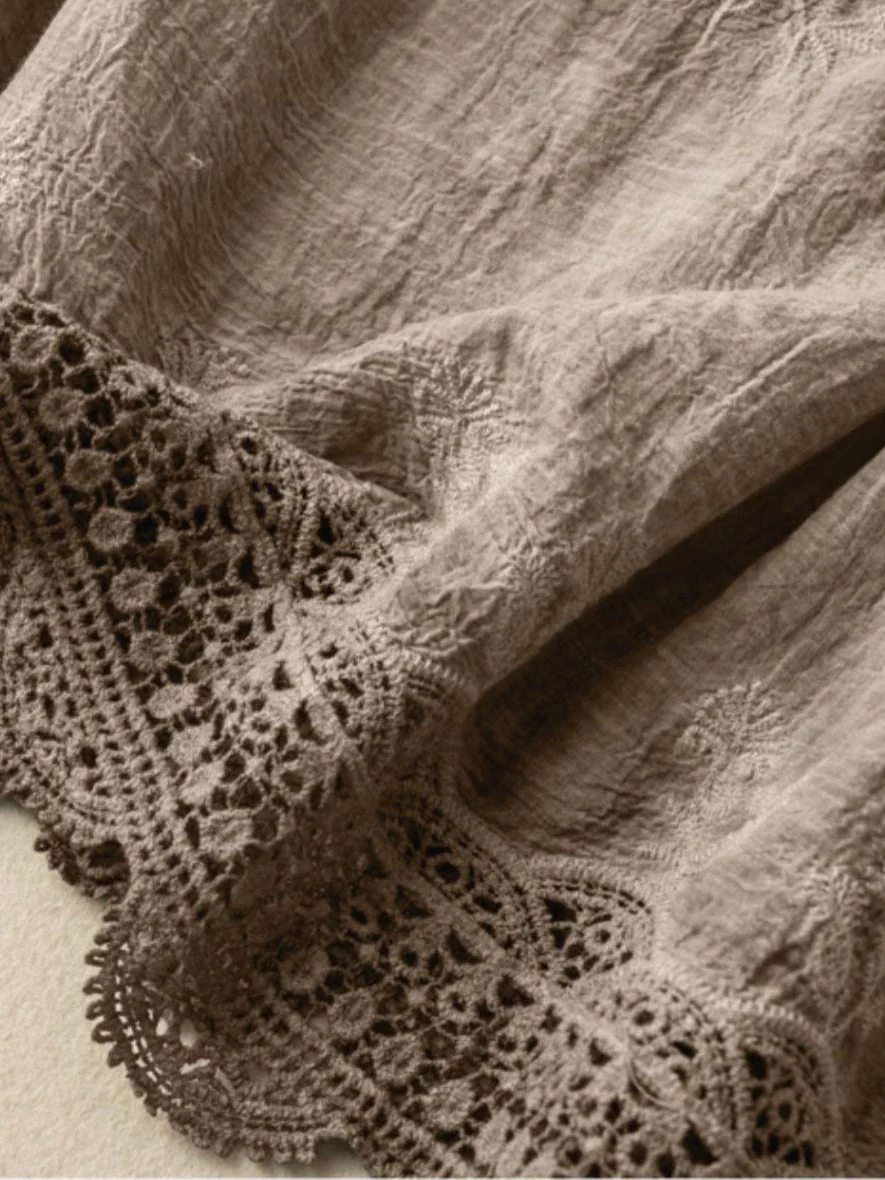 Khaki Loose Casual Vintage Lace Sleeveless Vest - Image 3