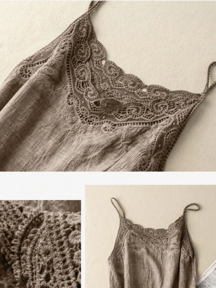 Khaki Loose Casual Vintage Lace Sleeveless Vest - Image 4