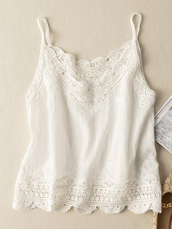 Khaki Loose Casual Vintage Lace Sleeveless Vest - Image 5