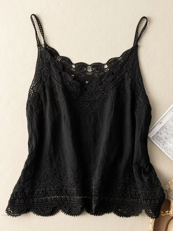 Khaki Loose Casual Vintage Lace Sleeveless Vest - Image 7