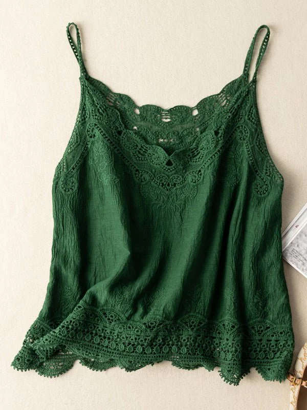 Khaki Loose Casual Vintage Lace Sleeveless Vest - Image 8