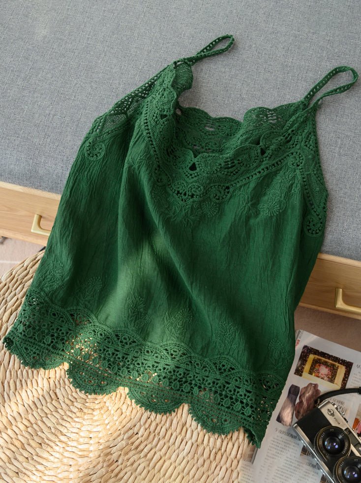 Khaki Loose Casual Vintage Lace Sleeveless Vest - Image 9
