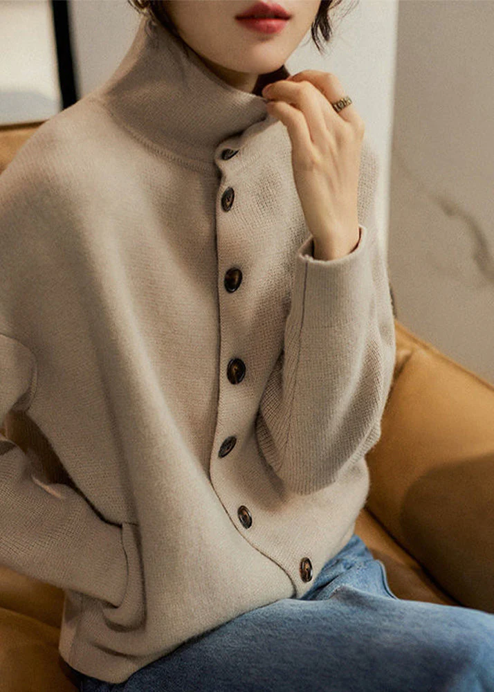 Loose Light Camel Turtleneck Button Thick Knit Sweaters Long Sleeve - Image 2