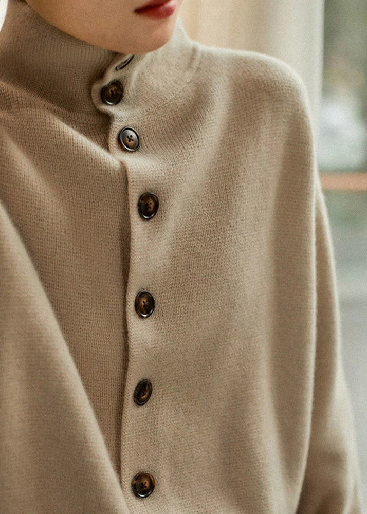 Loose Light Camel Turtleneck Button Thick Knit Sweaters Long Sleeve - Image 3