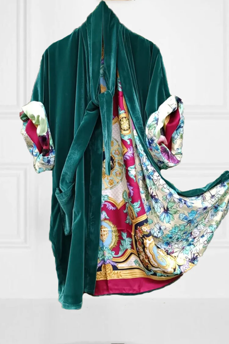 Loose Long Sleeve Lined Patchwork Print Kimono Duster - Image 4