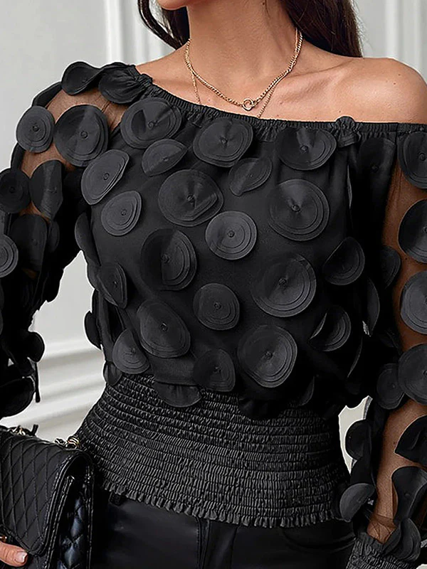 Loose Puff Sleeves Elasticity Gauze See-Through Solid Color Split-Joint Round-Neck Blouses Blouses&Shirts Tops - Image 3