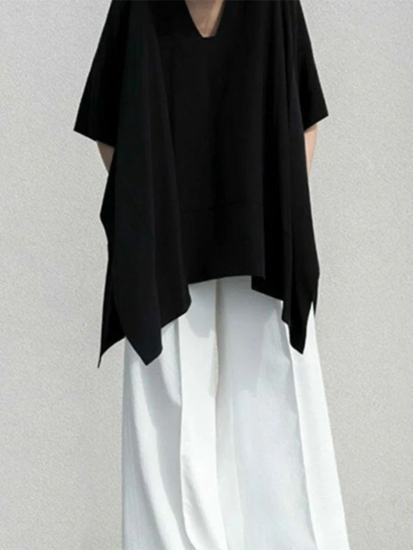 Loose Short Sleeves Solid Color Split-Side V-Neck T-Shirts Tops - Image 2