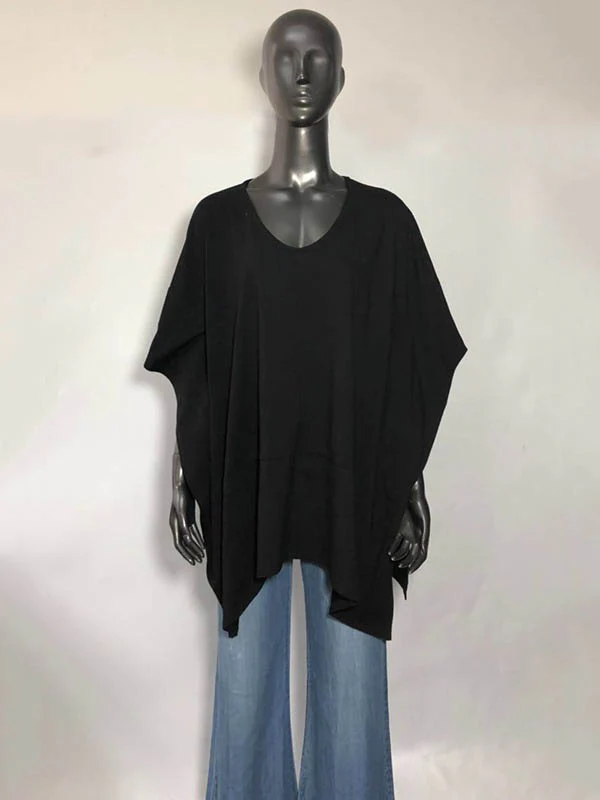 Loose Short Sleeves Solid Color Split-Side V-Neck T-Shirts Tops - Image 3