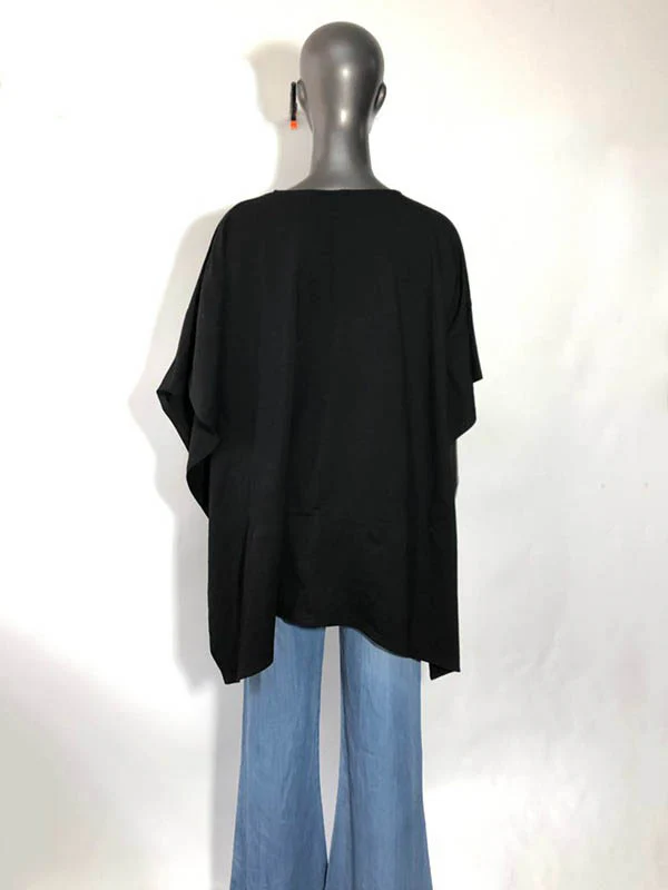 Loose Short Sleeves Solid Color Split-Side V-Neck T-Shirts Tops - Image 4