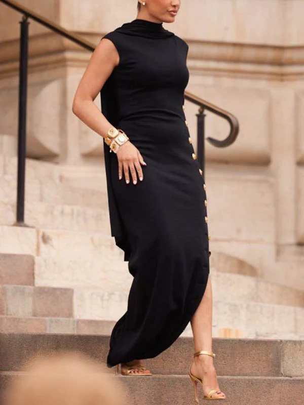 Loose Sleeveless Solid Color Split-Side Shawl Collar Long Skirts Maxi Dresses - Image 4