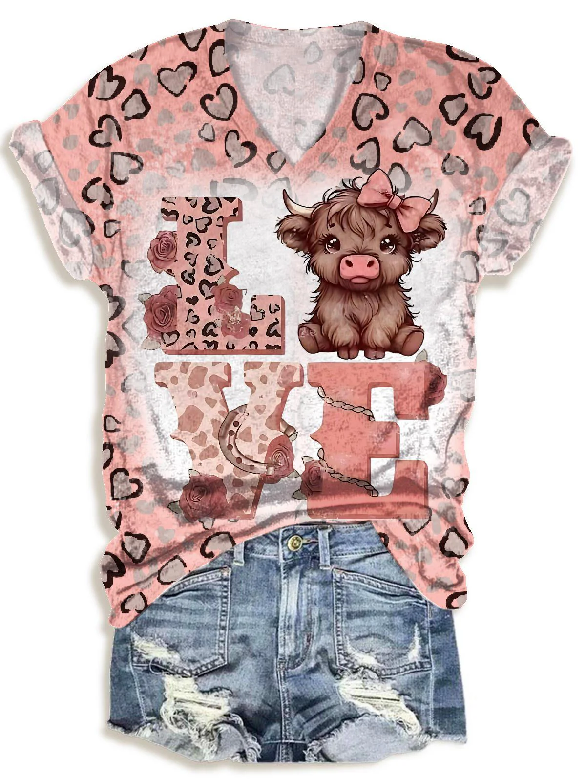 LOVE Leopard High Ground Cattle V-neck T-Shirt