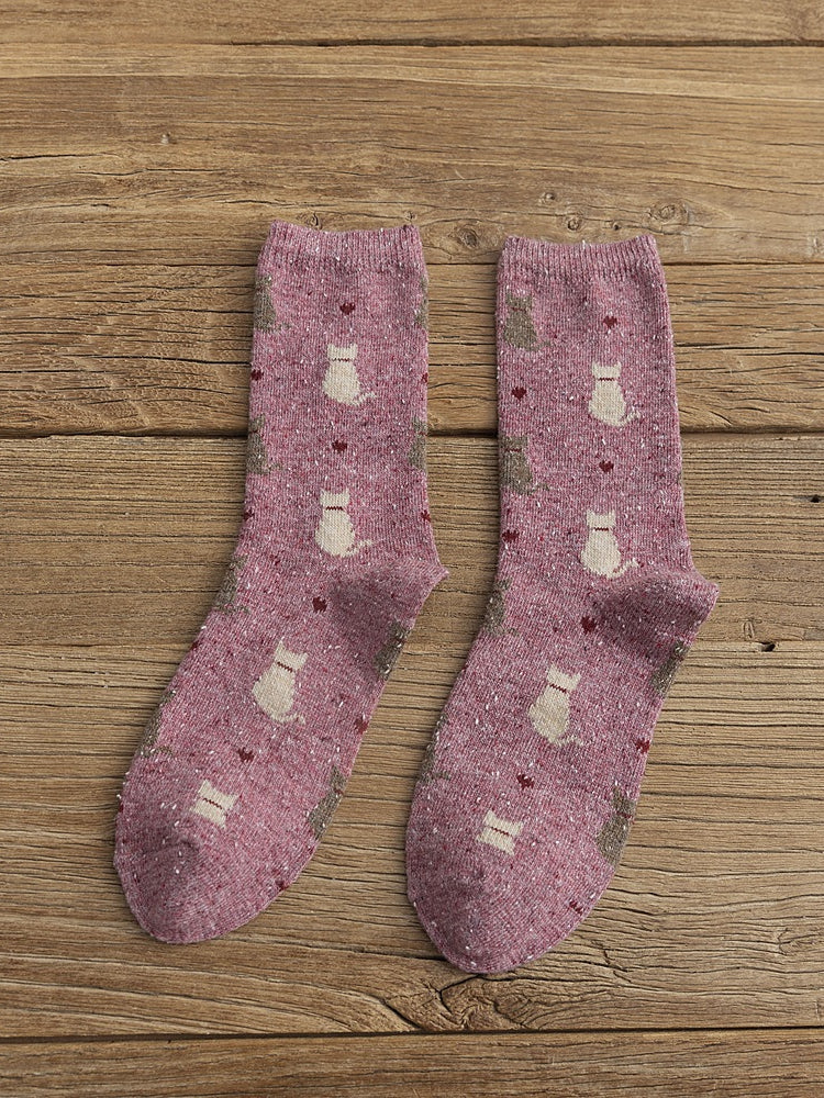 Lovely Cats & Heart Pattern Comfy Knit Socks - Image 3