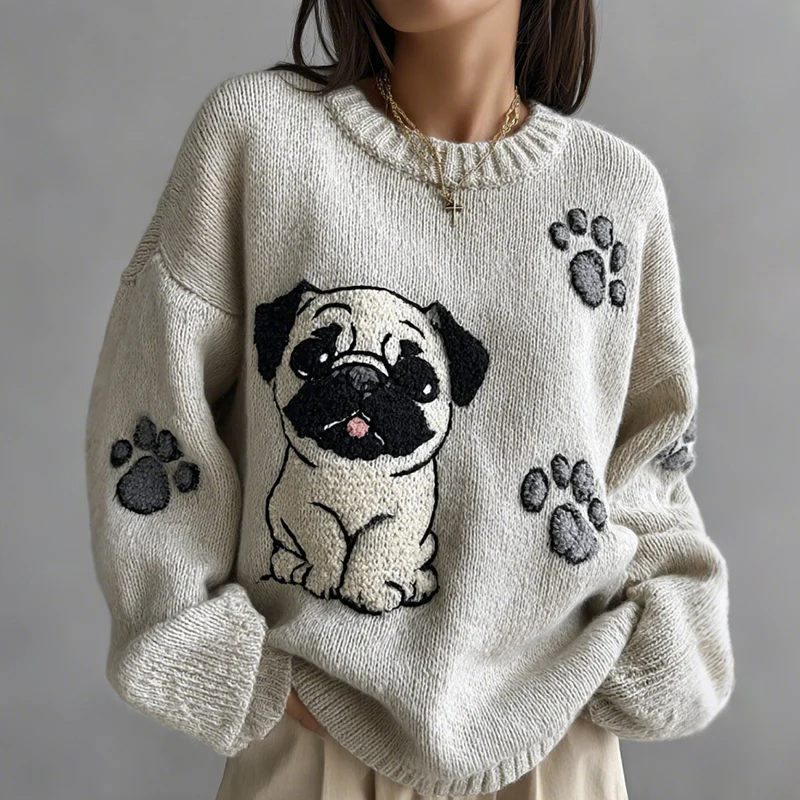 Lovely Cute Pug And Paws Embroidery Art Loose Cozy Knit Sweater - Image 2