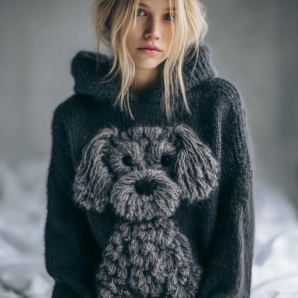 Lovely Fuzzy Dog Embroidered Cozy Hooded Sweater - Image 2