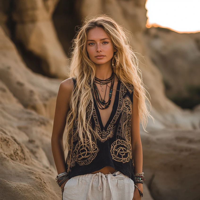 Women's Viking Tribal And Celtic Knot Pattern Art Linen Sleeveless Top - Image 2